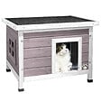 VOUNOT - Maison pour Chat en bois avec toit bitumé autoportant et porte à lamelles PVC Gris - vignette