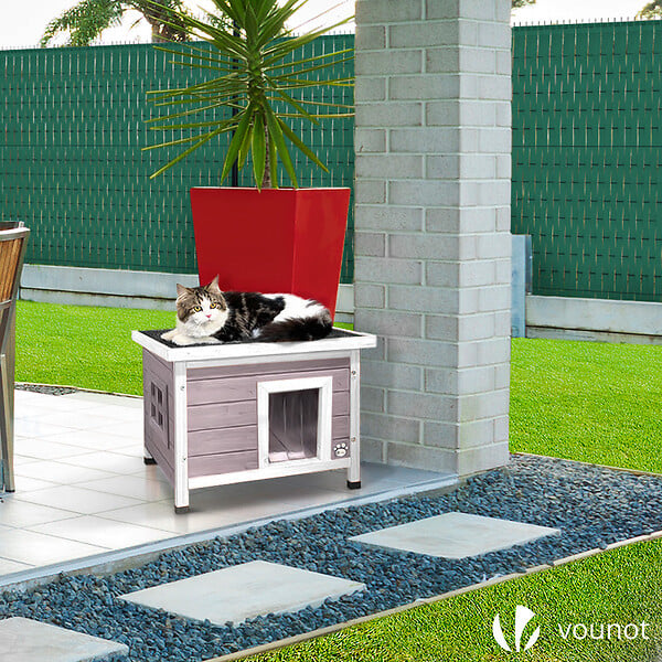 VOUNOT - Maison pour Chat en bois avec toit bitumé autoportant et porte à lamelles PVC Gris - large