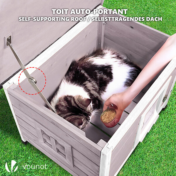 VOUNOT - Maison pour Chat en bois avec toit bitumé autoportant et porte à lamelles PVC Gris - large