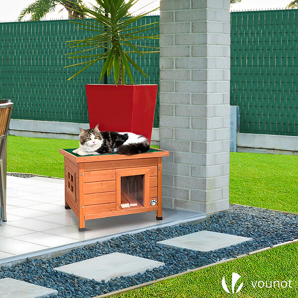 VOUNOT - Maison pour Chat en bois avec toit bitumé autoportant et porte à lamelles PVC - large
