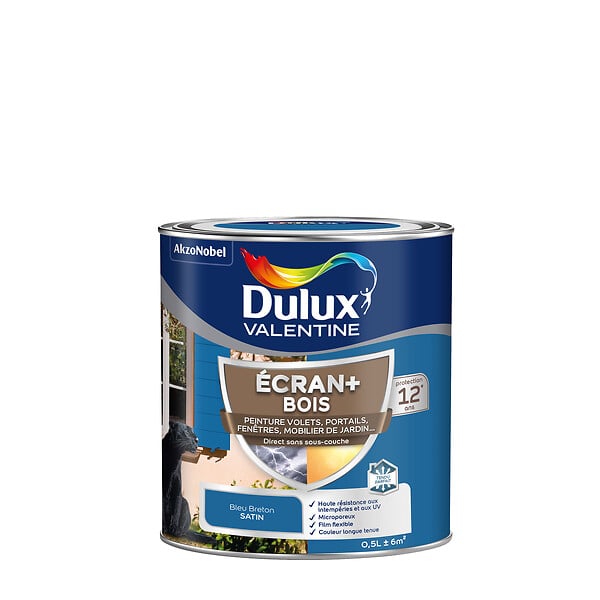 DULUX VALENTINE - Peinture extérieure Bois Ecran+ Dulux Valentine Satin-Bleu Breton 0,5L - large