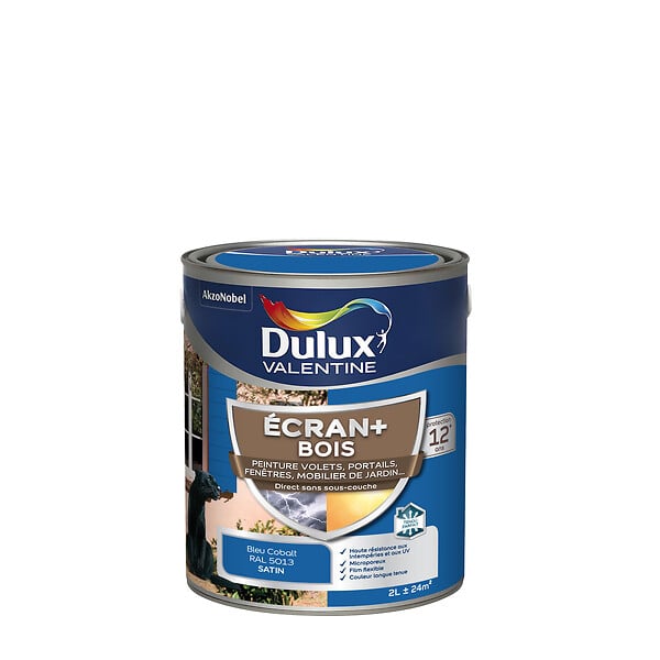 DULUX VALENTINE - Peinture extérieure Bois Ecran+ - Bleu Cobalt - 2L - large