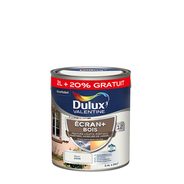 DULUX VALENTINE - Peinture extérieure Bois Ecran+ Dulux Valentine Satin- Blanc BW 2L+20% - large