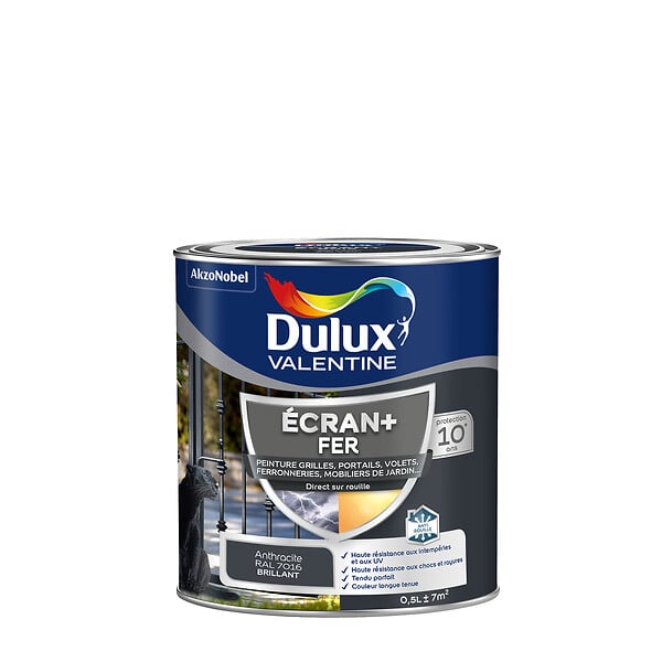 DULUX VALENTINE - Peinture extérieure Fer Ecran+ Dulux Valentine Brill-G.Anthracite 0,5L - large