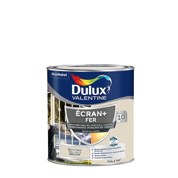 DULUX VALENTINE - Peinture extérieure Fer Ecran+ Dulux Valentine Brill- Blanc Perlé 0,5L - large