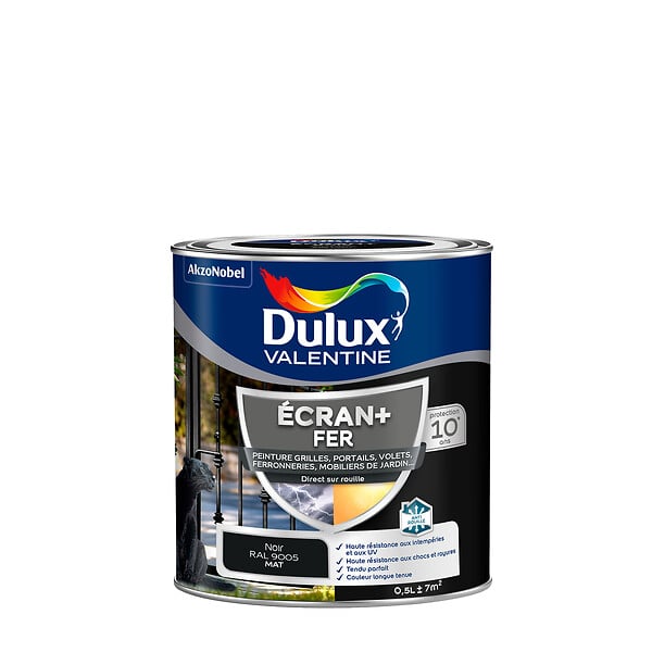 DULUX VALENTINE - Peinture extérieure Fer Ecran+ Dulux Valentine Mat - Noir 0,5 L - large