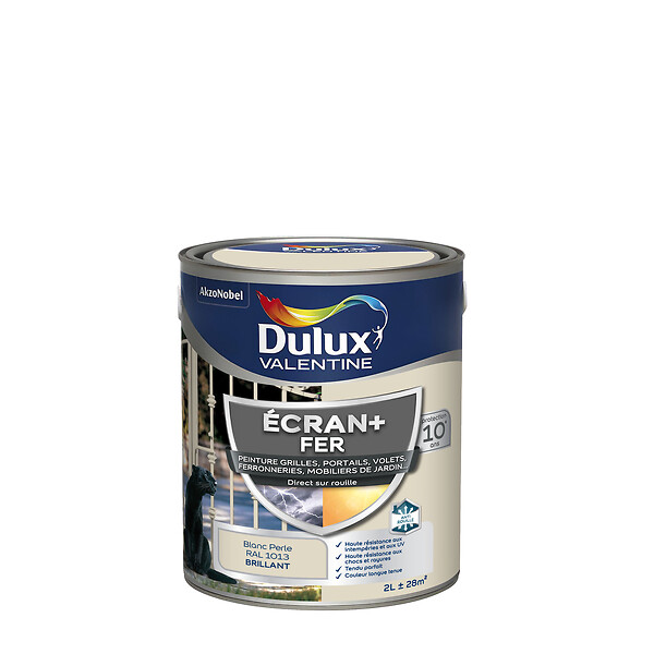 DULUX VALENTINE - Peinture extérieure Fer Ecran+ Dulux Valentine Brillant-Blanc Perlé 2L - large