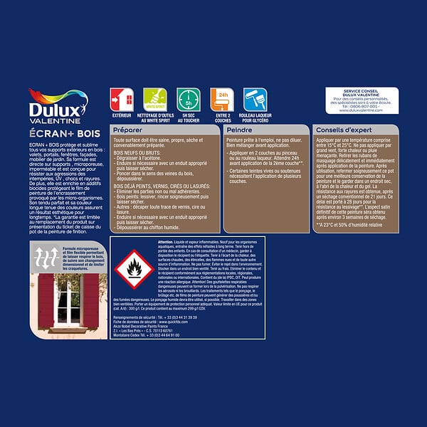DULUX VALENTINE - Peinture extérieure Bois Ecran+ Dulux Valentine Satin- Blanc BW 2L+20% - large