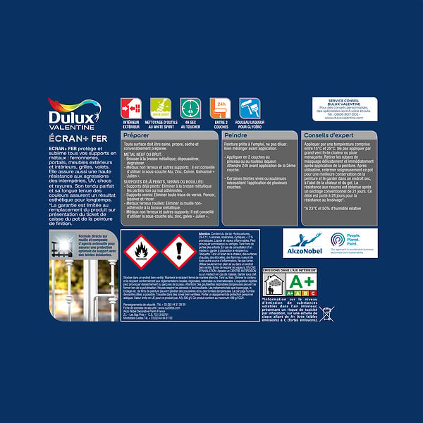 DULUX VALENTINE - Peinture extérieure Fer Ecran+ Dulux Valentine Brillant-Blanc Perlé 2L - large