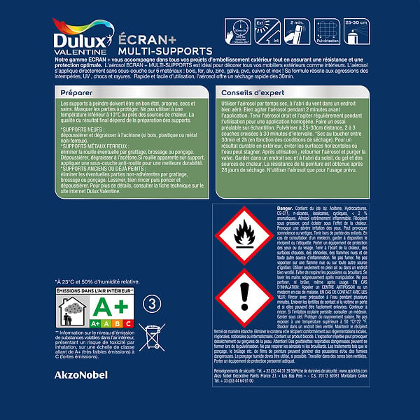 DULUX VALENTINE - Aérosol Multi-supports Ecran+ Dulux Valentine Satin-Bleu Horizon 400ml - large