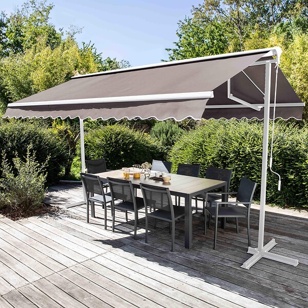 OVIALA - Store double pente avec coffre 3 x 4 m en aluminium taupe - Delgada - large