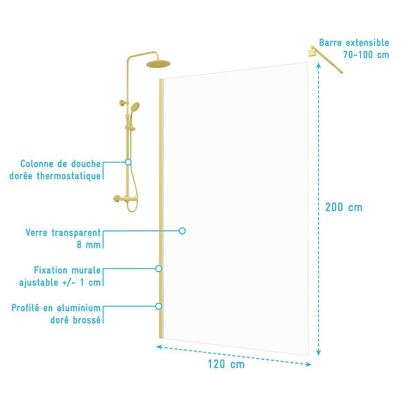 AURLANE - Paroi de Douche 120x200cm - Profilé + Bras extensible + Colonne de douche Thermostatique Or Brossé - large