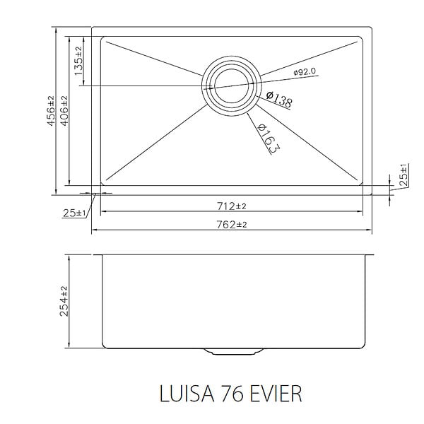 ESSEBAGNO - Luisa évier 1 grande cuve seule 76x45 en inox gris gun métal - large