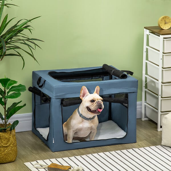 PAWHUT - Sac de transport pliable pour chien chat - 2 poignées, 3 portes - dim. 69L x 51l x 51H cm - acier polyester bleu - large