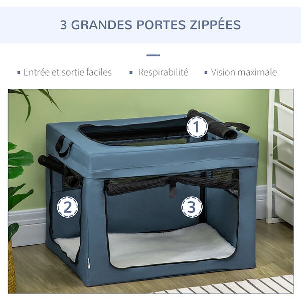 PAWHUT - Sac de transport pliable pour chien chat - 2 poignées, 3 portes - dim. 69L x 51l x 51H cm - acier polyester bleu - large