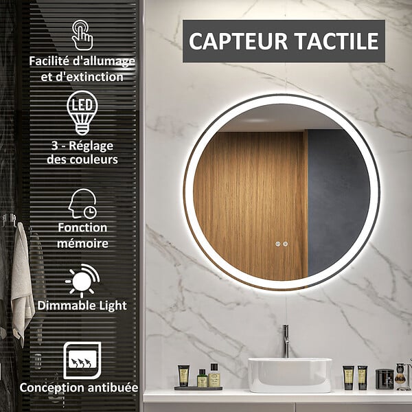 KLEANKIN - Miroir rond lumineux LED de salle de bain Ø 80 cm mural avec éclairage 3 couleurs interrupteur tactile système antibuée 46W blanc argent - large