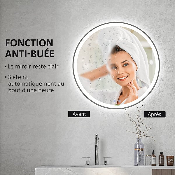 KLEANKIN - Miroir rond lumineux LED de salle de bain Ø 80 cm mural avec éclairage 3 couleurs interrupteur tactile système antibuée 46W blanc argent - large