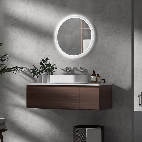 KLEANKIN - Miroir rond lumineux LED de salle de bain Ø 60 cm mural avec éclairage 3 couleurs interrupteur tactile système antibuée 29 W gris - large