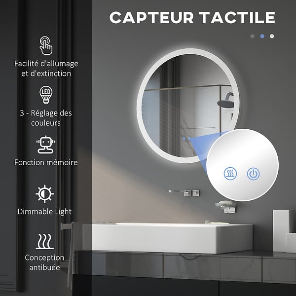 KLEANKIN - Miroir rond lumineux LED de salle de bain Ø 60 cm mural avec éclairage 3 couleurs interrupteur tactile système antibuée 29 W gris - large