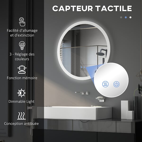 KLEANKIN - Miroir rond lumineux LED de salle de bain Ø 70 cm mural avec éclairage 3 couleurs interrupteur tactile système antibuée 35W blanc argent - large