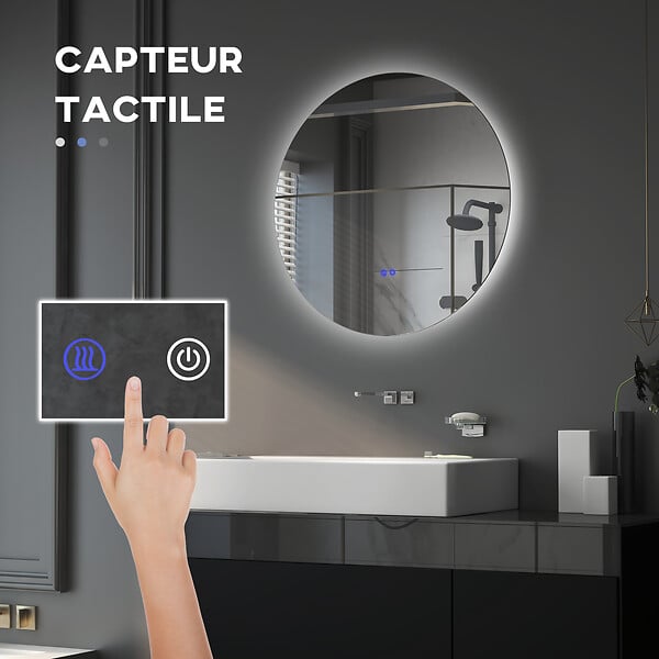 KLEANKIN - Miroir rond lumineux LED de salle de bain 70 cm avec éclairage interrupteur tactile système antibuée miroir mural LED à luminosité réglable 35 W gris - large