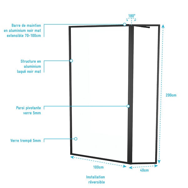 AURLANE - Paroi de Douche avec Volet Pivotant - Cadre et Bras Alu. NOIR MAT - 100+40x200cm - DARK CONTOURING - large