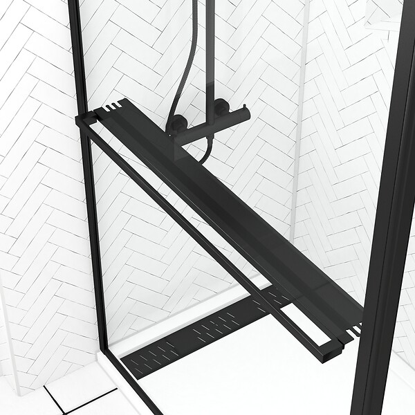 AURLANE - Paroi de Douche avec Volet Pivotant 120+40x200cm - Profilé, Porte-serviette et étagère NOIR MAT - large