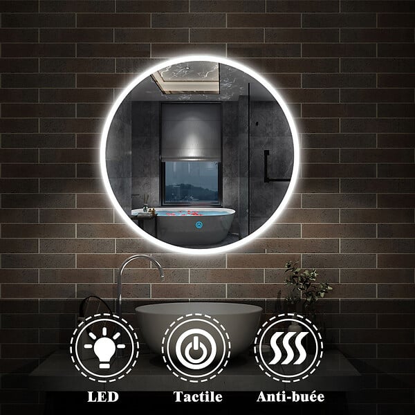 AICA SANITAIRE - LED rond miroir anti-buée de salle de bain Monochrome tactile 90x90cm - large