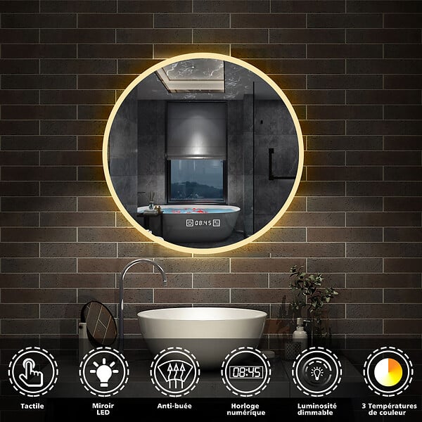 AICA SANITAIRE - Horloge LED rond anti-buée miroir de salle de bain tricolore tactile 80x80cm - large