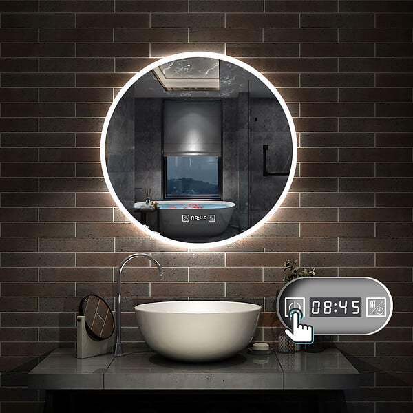 AICA SANITAIRE - Horloge LED rond anti-buée miroir de salle de bain tricolore tactile 80x80cm - large
