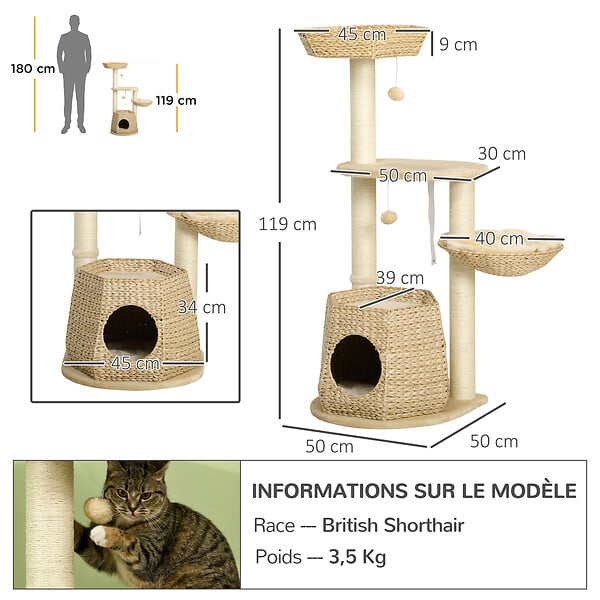 PAWHUT - Arbre à chat style cosy chic griffoirs sisal naturel niche 2 paniers avec coussins plateforme 2 boules suspendues quenouille peluche courte crème beige - large
