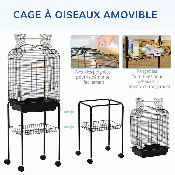 PAWHUT - PawHut Cage à oiseaux volière amovible sur roulettes - toit ouvrant, tiroir déjection, 2 perchoirs, 2 trappes, porte, 2 mangeoires, 2 poignées - étagère - acier PP noir - large