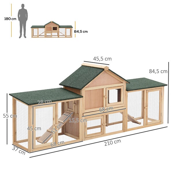 PAWHUT - Clapier cage à lapins rongeurs XXL 2 étages toit bitumé intégral tiroir déjection 2,10L x 0,46l x 0,85H m bois massif pin pré-huilé - large