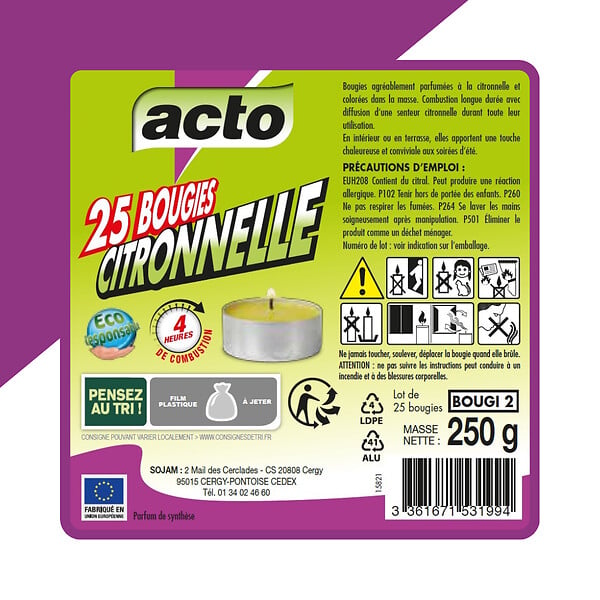 ACTO - Lot de 25 bougies parfum citronnelle - large