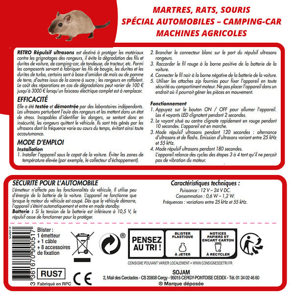 RETRO - Répulsif ultrasons rats - souris - martres spécial automobiles - large
