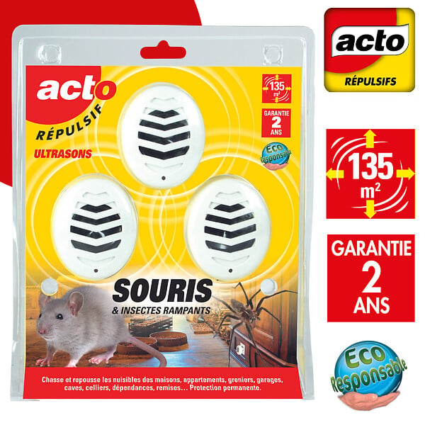 RETRO - Lot de 3 répulsifs ultrasons souris insectes rampants 135m2 - large