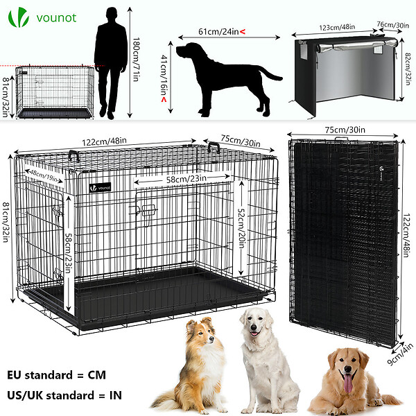 VOUNOT - Cage pour chien pliable avec 2 portes verrouillable plateau amovible et housse de protection 122x75x81cm - large