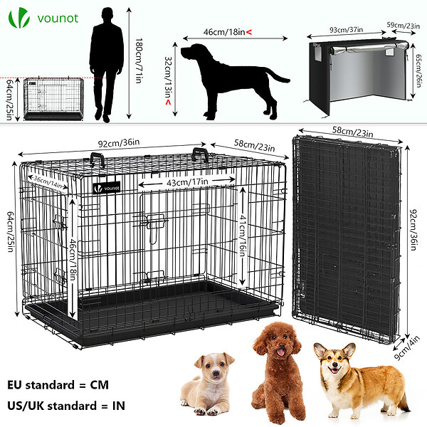 VOUNOT - Cage pour chien pliable avec 2 portes verrouillable plateau amovible et housse de protection 92x58x64cm - large