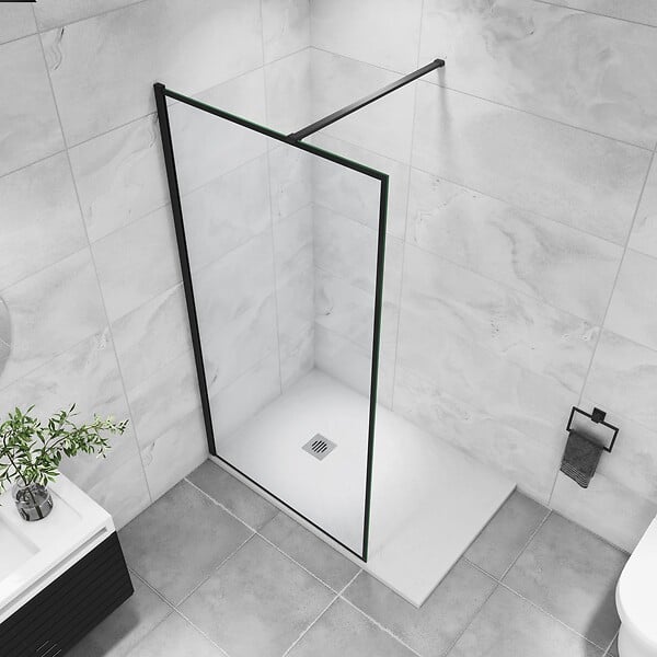 AICA SANITAIRE - AICA paroi de douche noire 140x200cm paroi de douche à l'italienne en 8mm verre anticalcaire avec barre de stabilisation 140cm - large