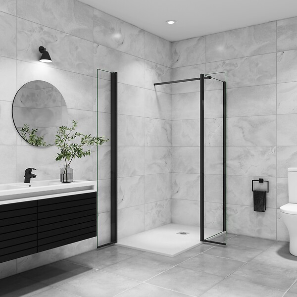 AICA SANITAIRE - AICA paroi de douche avec retour pivotant 50+40x200cm avec une barre extensible, paroi de douche pivotante 45x200cm, profil en Noir mat, verre 8mm securit anticalcaire - large