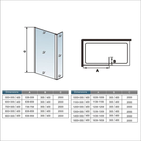 AICA SANITAIRE - AICA paroi de douche avec retour pivotant 50+40x200cm avec une barre extensible, paroi de douche pivotante 45x200cm, profil en Noir mat, verre 8mm securit anticalcaire - large