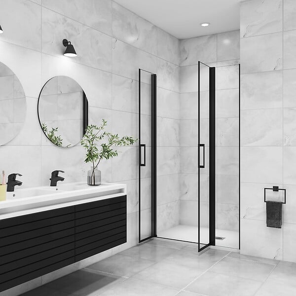 AICA SANITAIRE - AICA porte de douche battante 120x200cm avec un élément fixe, profilé noir mat, Porte de douche Hauteur 200cm en 8mm verre anticalcaire - large