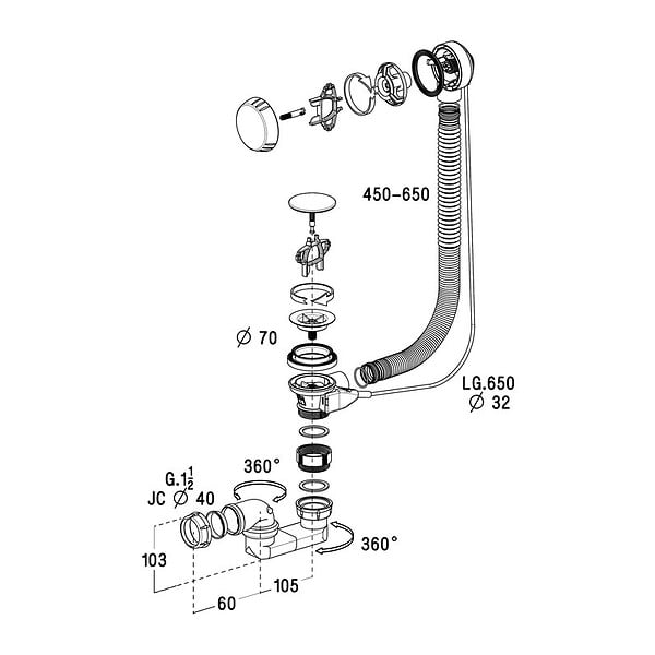 NICOLL - Vidage complet de baignoire NF à cable finition ABS chromé L. 650 mm - chromé - large