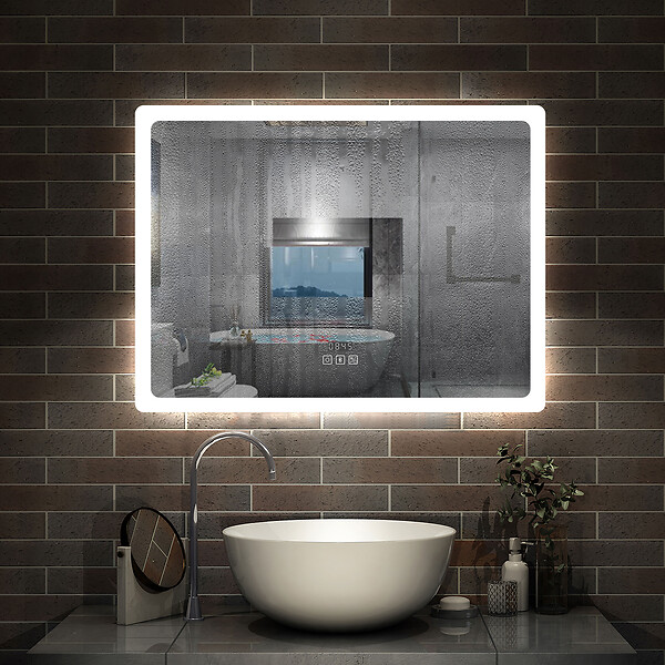 AICA SANITAIRE - Miroir LED salle de bain bluetooth + horloge + antibuée 3 couleurs -160x80cm - large