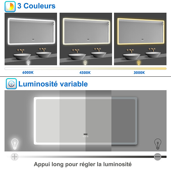 AICA SANITAIRE - Miroir LED salle de bain bluetooth + horloge + antibuée 3 couleurs -160x80cm - large