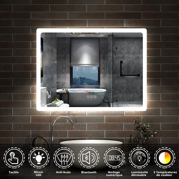 AICA SANITAIRE - Miroir LED salle de bain bluetooth + horloge + antibuée 3 couleurs -70x50cm - large