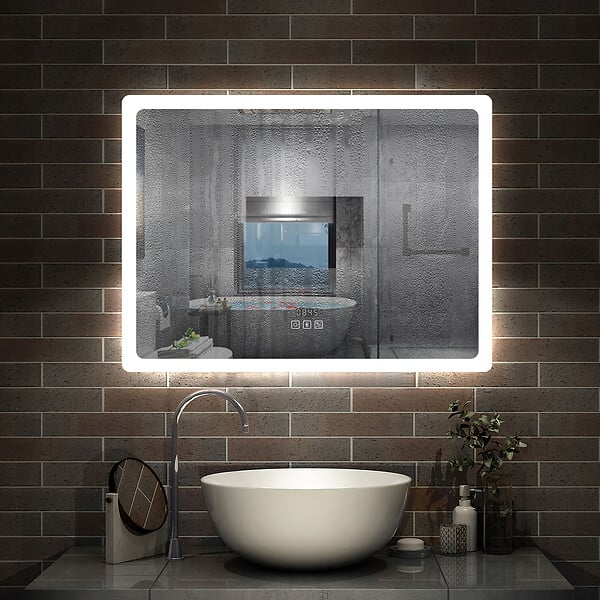 AICA SANITAIRE - Miroir LED salle de bain bluetooth + horloge + antibuée 3 couleurs -70x50cm - large