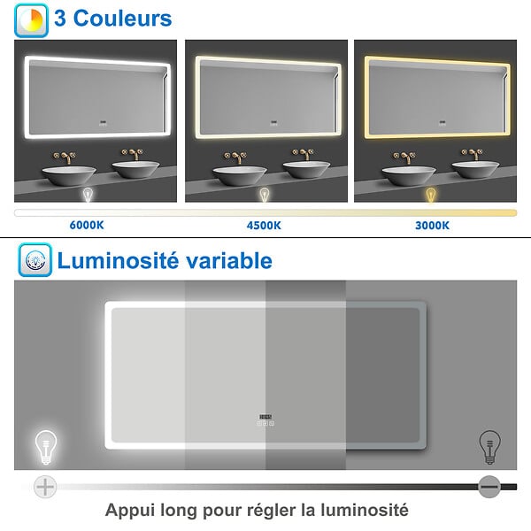 AICA SANITAIRE - Miroir LED salle de bain bluetooth + horloge + antibuée 3 couleurs -70x50cm - large