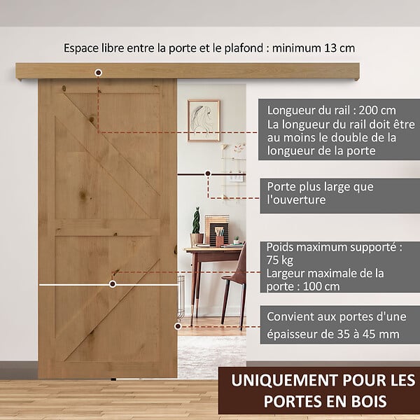 HOMCOM - Kit de porte coulissante système galandage pour porte épaisseur 35-45 mm longueur rail 2 m charge max. 90 Kg aluminium coffrage MDF inclus - large