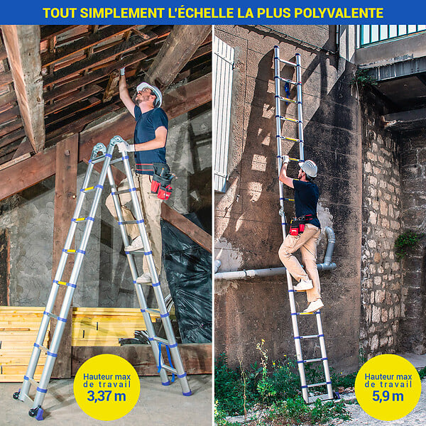 HOSTRÃ–M - Echelle télescopique articulée 5m STEMPAKT, escabeau 2x8 marches pliable professionnel multifonction, hauteur travail max 5,9m, garantie 5 ans Hoström - large